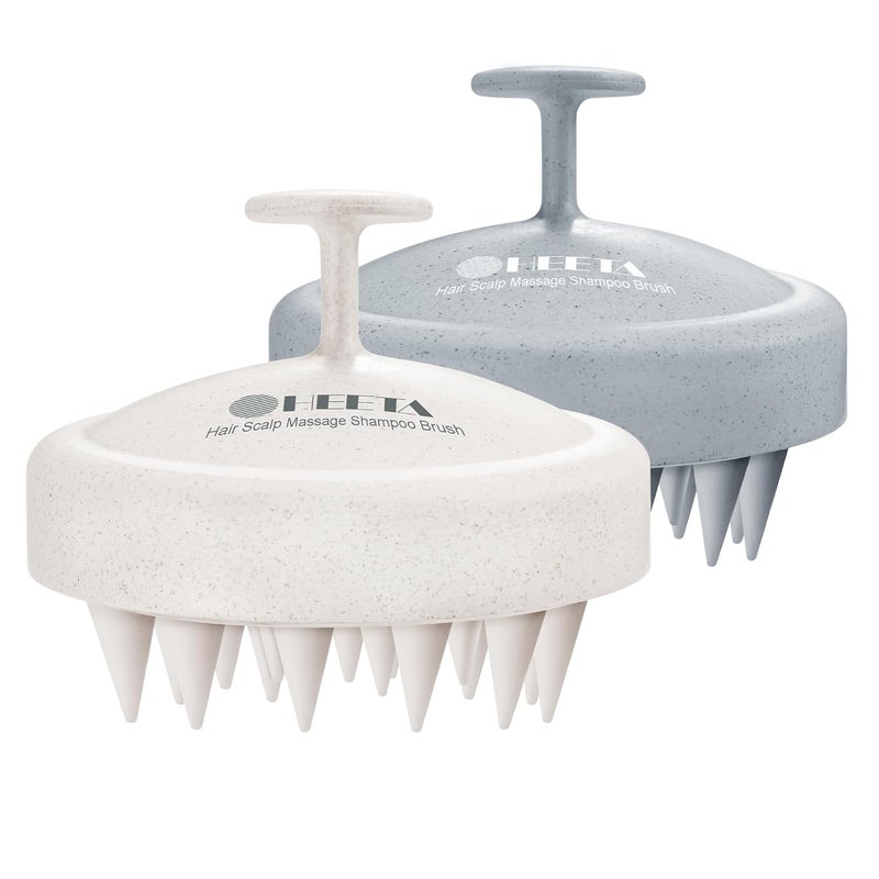 HEETA 2 Pack Hair Scalp Massager Shampoo Brush for Hair Growth, Hair Scalp Scrubber with Soft Silicone, Wet and Dry Hair Detangler, Wheat Straw Material (Dark Grey & Beige)