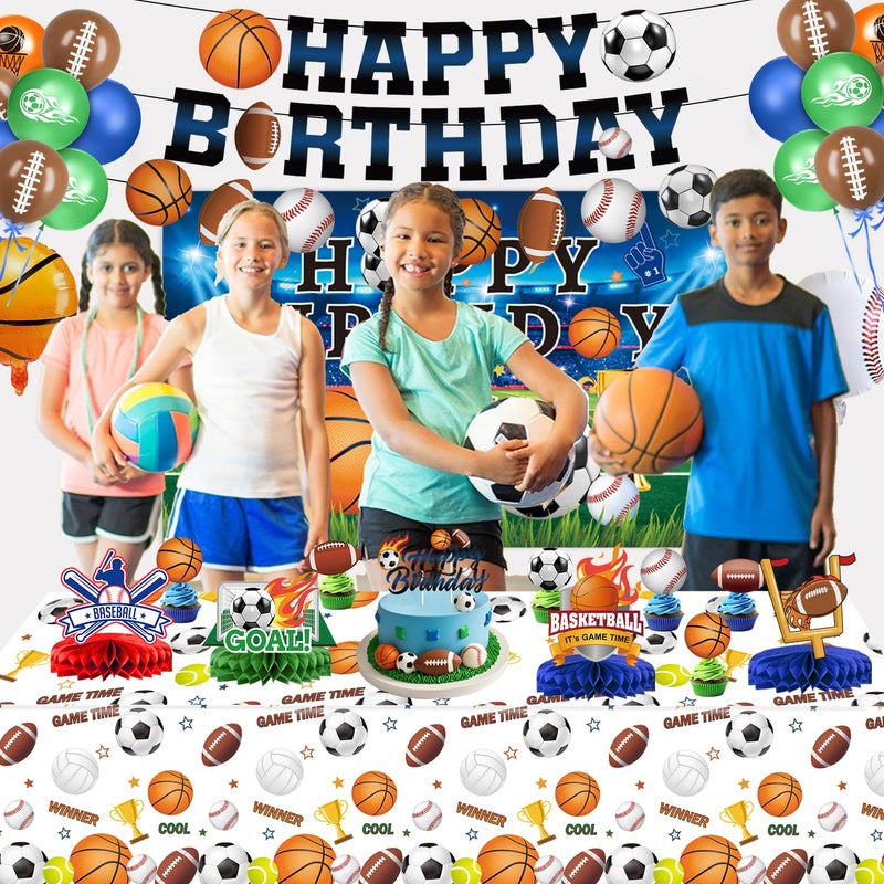 QIYANPAX Sports Birthday Party Decorations Includes Banner, Backdrop, Foil & Latex Balloons, Cake & Cupcake Toppers, Honeycomb Centerpieces for Boy Sports Themed Party Decorations - Image 4