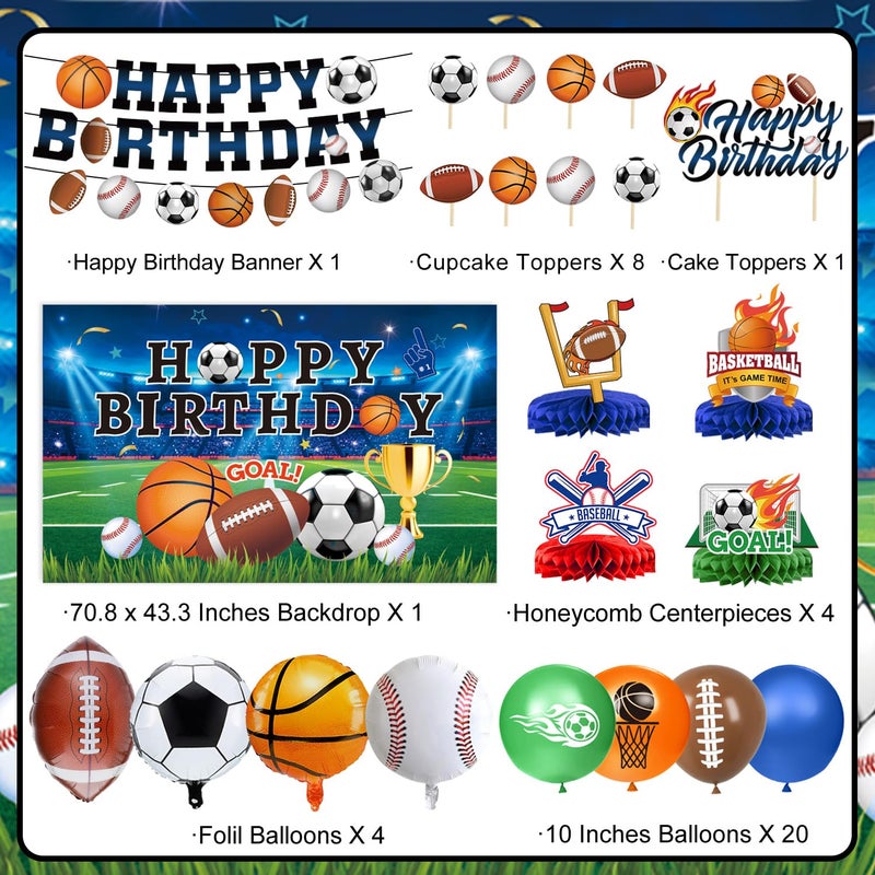 QIYANPAX Sports Birthday Party Decorations Includes Banner, Backdrop, Foil & Latex Balloons, Cake & Cupcake Toppers, Honeycomb Centerpieces for Boy Sports Themed Party Decorations - Image 2