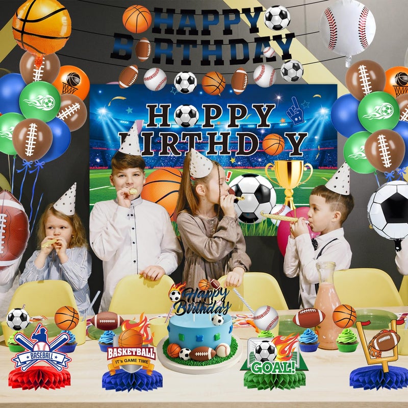 QIYANPAX Sports Birthday Party Decorations Includes Banner, Backdrop, Foil & Latex Balloons, Cake & Cupcake Toppers, Honeycomb Centerpieces for Boy Sports Themed Party Decorations - Image 5