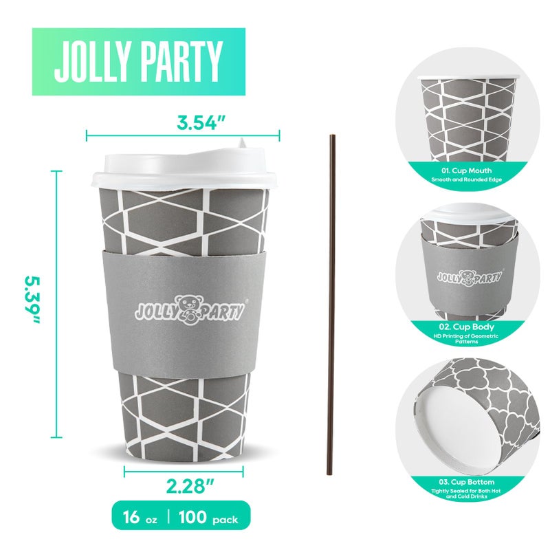 JOLLY PARTY [100 مجموعة] أكواب قهوة ورقية سعة 16 أونصة أكواب قهوة قابلة للتصرف مع أغطية وأكمام وشرايط أكواب مشروبات ساخنة وباردة للماء والقهوة أو الشاي أكواب قهوة للسفر مناسبة للمكتب والسفر - Image 2
