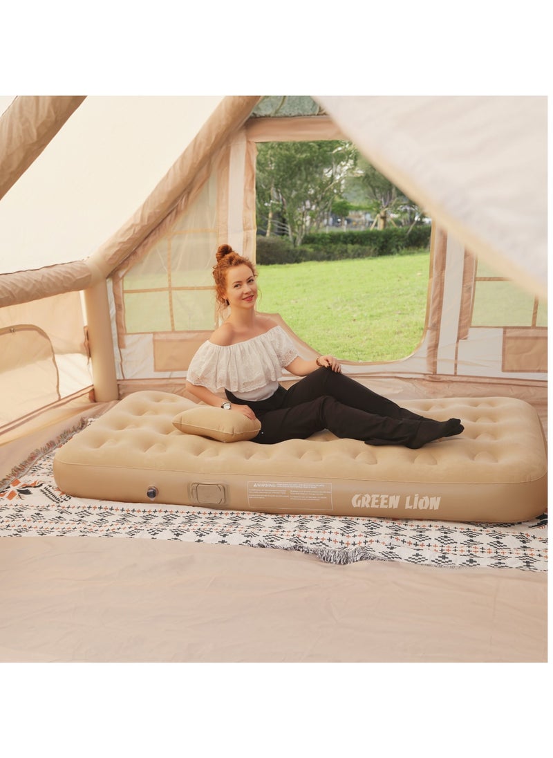 GREEN LION - Automatic Inflatable Mattress with Built-in Air Pump and Single Pillow / Camping Bed Sleeping Mat /Skin Friendly Fabric / Easy to Store /150 kg Load Capacity / Camping / Travel / Road Trips/Sleepovers/ Guest Bed - Beige - Image 1