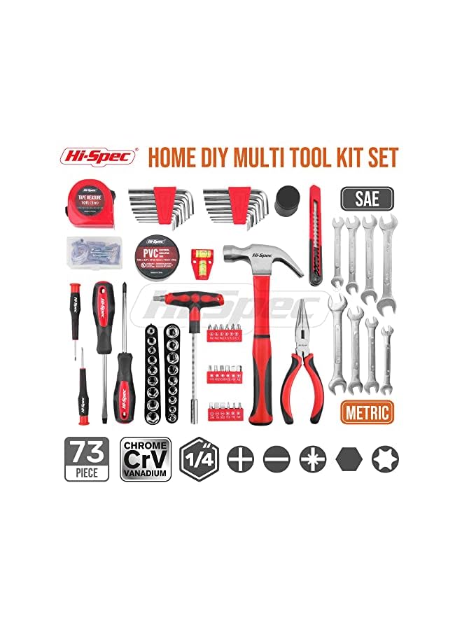 Hi-Spec 73 Piece Home & Garage Multi Tool Kit Set. Practical Hand Tools for DIY Repair & Maintenance in the Home, Garage and Workshop. All In a Swing-Door Carry Case - Image 3