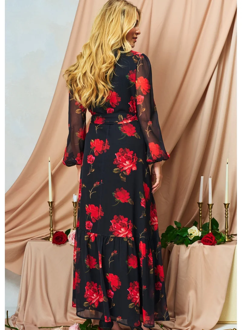 Hope & Ivy Blouson Short Sleeve Floral Printed  Maxi Dress