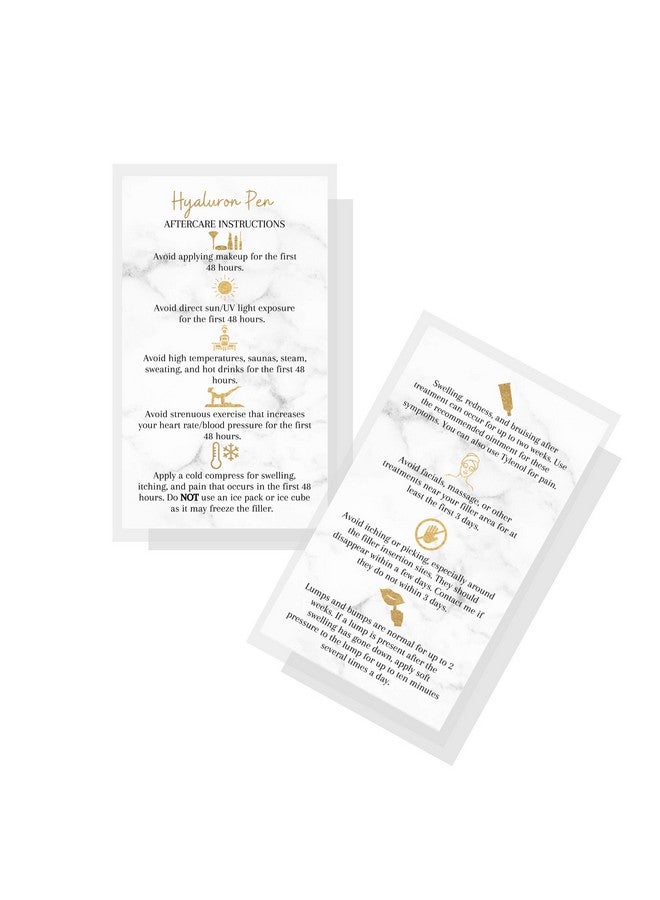 Boutique Marketing LLC Hyaluron Pen Filler Aftercare Instruction Card | 50 Pack | Physical Printed 2X3.5” Inches Business Card Size | Marble Look With Gold Colored Icons Design - Image 1