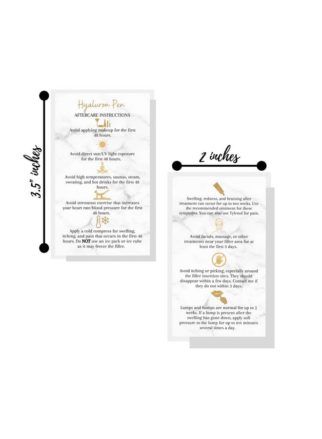 Boutique Marketing LLC Hyaluron Pen Filler Aftercare Instruction Card | 50 Pack | Physical Printed 2X3.5” Inches Business Card Size | Marble Look With Gold Colored Icons Design - Image 3