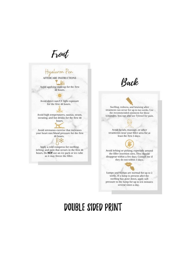 Boutique Marketing LLC Hyaluron Pen Filler Aftercare Instruction Card | 50 Pack | Physical Printed 2X3.5” Inches Business Card Size | Marble Look With Gold Colored Icons Design - Image 4