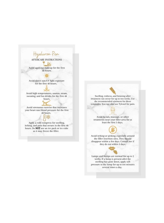 Boutique Marketing LLC Hyaluron Pen Filler Aftercare Instruction Card | 50 Pack | Physical Printed 2X3.5” Inches Business Card Size | Marble Look With Gold Colored Icons Design - Image 2