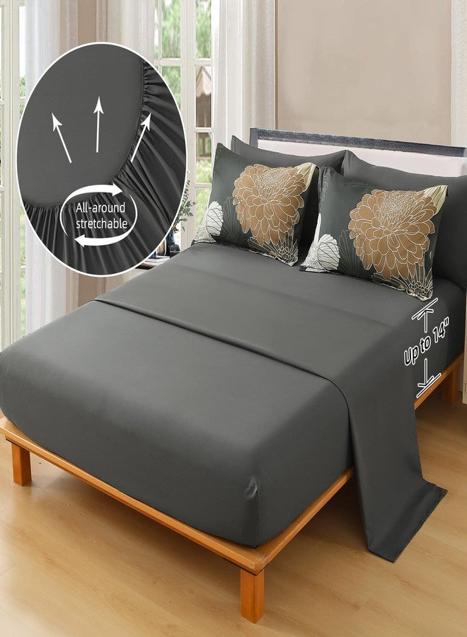 Yiran Queen Khaki Grey Brown Comforter Set - 7 Pieces Floral Bedding Sets,Bed in a Bag Soft Microfiber Comforter with Flat Sheet Fitted Sheet Pillowshams Pillowcases - Image 4