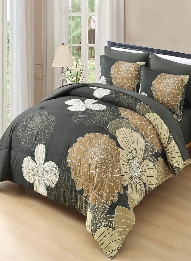 Yiran Queen Khaki Grey Brown Comforter Set - 7 Pieces Floral Bedding Sets,Bed in a Bag Soft Microfiber Comforter with Flat Sheet Fitted Sheet Pillowshams Pillowcases - Image 1