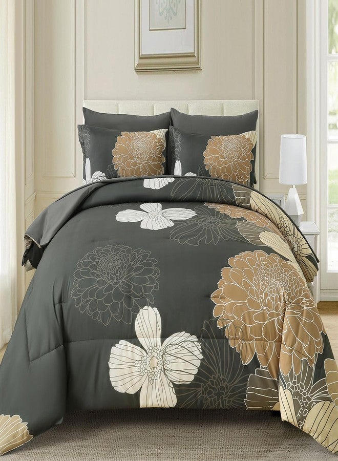 Yiran Queen Khaki Grey Brown Comforter Set - 7 Pieces Floral Bedding Sets,Bed in a Bag Soft Microfiber Comforter with Flat Sheet Fitted Sheet Pillowshams Pillowcases - Image 2