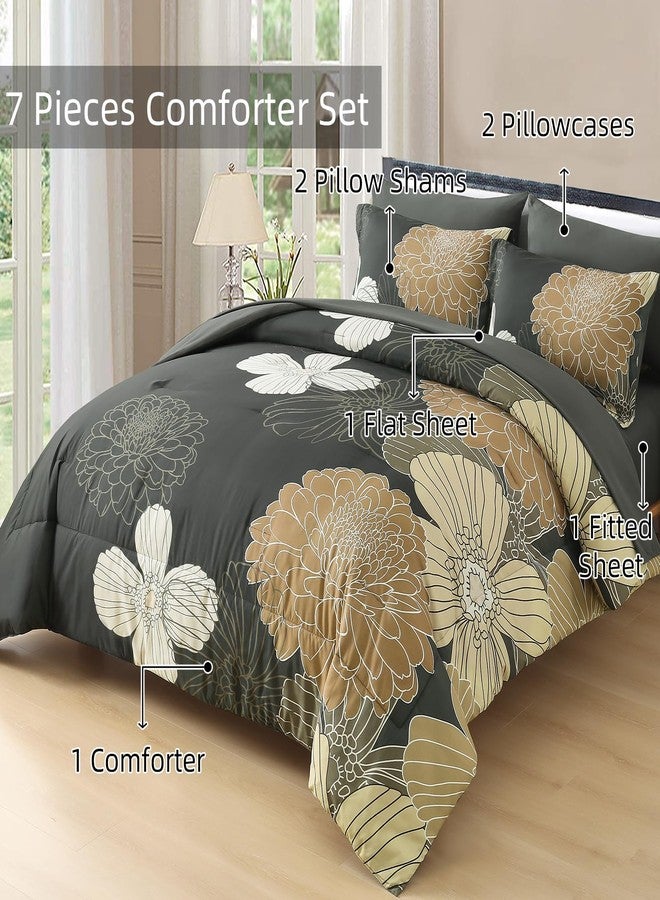 Yiran Queen Khaki Grey Brown Comforter Set - 7 Pieces Floral Bedding Sets,Bed in a Bag Soft Microfiber Comforter with Flat Sheet Fitted Sheet Pillowshams Pillowcases - Image 3