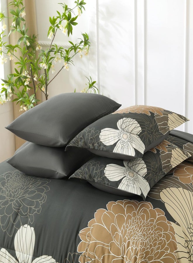 Yiran Queen Khaki Grey Brown Comforter Set - 7 Pieces Floral Bedding Sets,Bed in a Bag Soft Microfiber Comforter with Flat Sheet Fitted Sheet Pillowshams Pillowcases - Image 5