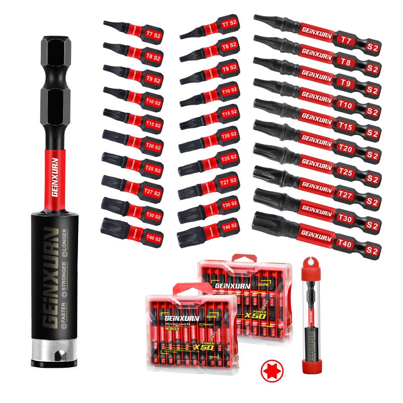Geinxurn 30 Pieces (T7-T40) Impact Screwdriver Bit Set, Magnetic Multi-Torx Head Power Bits,S2 Alloy Steel Star Bits with 1 Pc Impact Bit Holder and Storage M-Box - Image 1