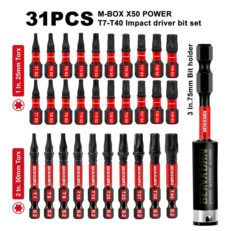 Geinxurn 30 Pieces (T7-T40) Impact Screwdriver Bit Set, Magnetic Multi-Torx Head Power Bits,S2 Alloy Steel Star Bits with 1 Pc Impact Bit Holder and Storage M-Box - Image 2