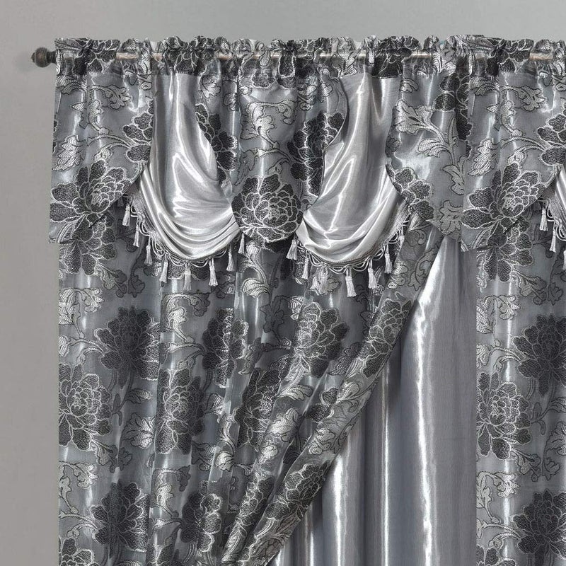 GOHD Golden Ocean Home Decor GOHD Royal ROSARIUM Clipped Voile Voile Jacquard Window Curtain with Attached Fancy Valance and Taffeta Backing 2pcs Set Each pc 54 inch Wide x 84 inch Drop  18 inch Valance Grey