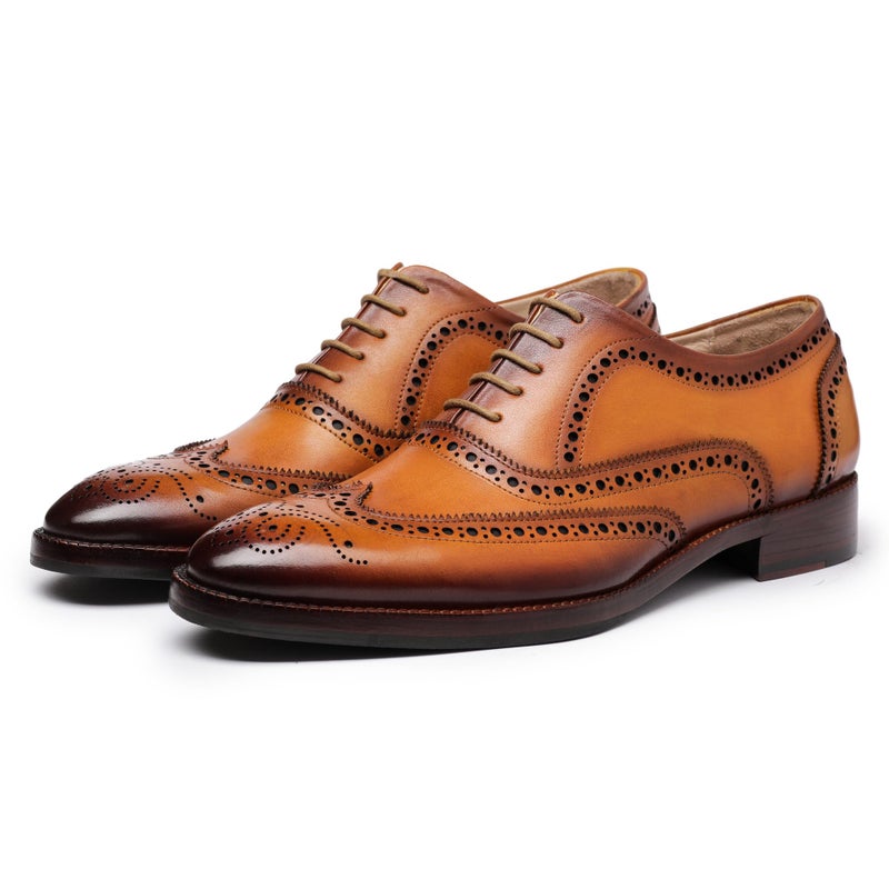 Lethato Wingtip Brogue Oxford Dress Shoes Handmade Mens Genuine Leather Lace up Dress Shoes Tan