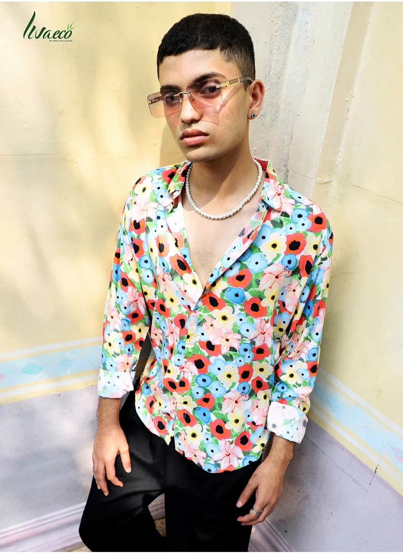 كامبوس سوترا Campus Sutra Men's Multicolour Artistic Botanical Cluster Shirt For Casual Wear | Made With Eco-Liva Fabric | Spread Collar | Long Sleeve | Button Closure | Shirt Crafted With Comfort Fit For Everyday Wear