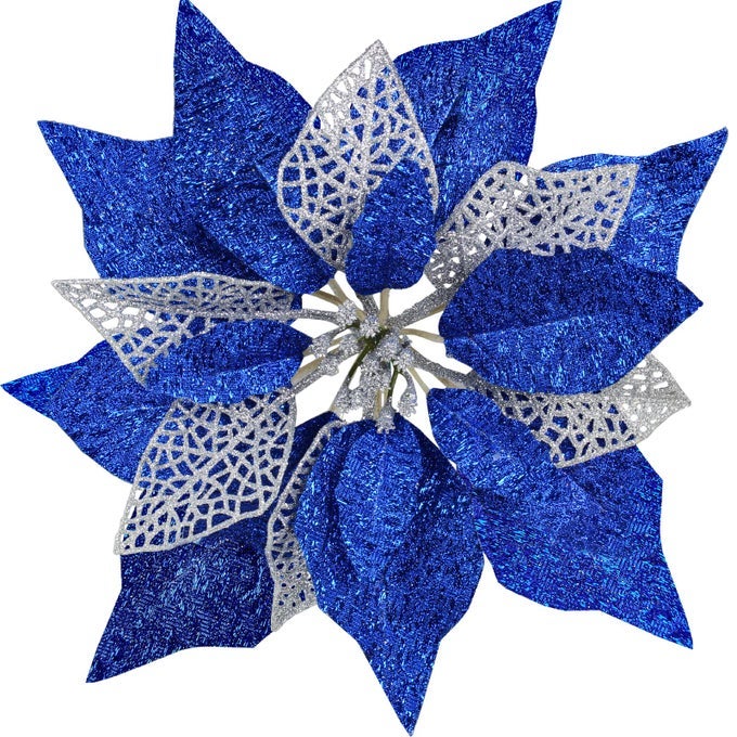 14 SET 87 WIDE 4 LAYERS CHRISTMAS BLUE GLITTER POINSETTIA FLOWERS PICKS CHRISTMAS TREE ORNAMENTS FOR BLUE CHRISTMAS TREE WREATHS GARLAND HOLIDAY SEASONAL FESTIVE NAVIDAD DECORATION GIFT BOX INCLUDED
