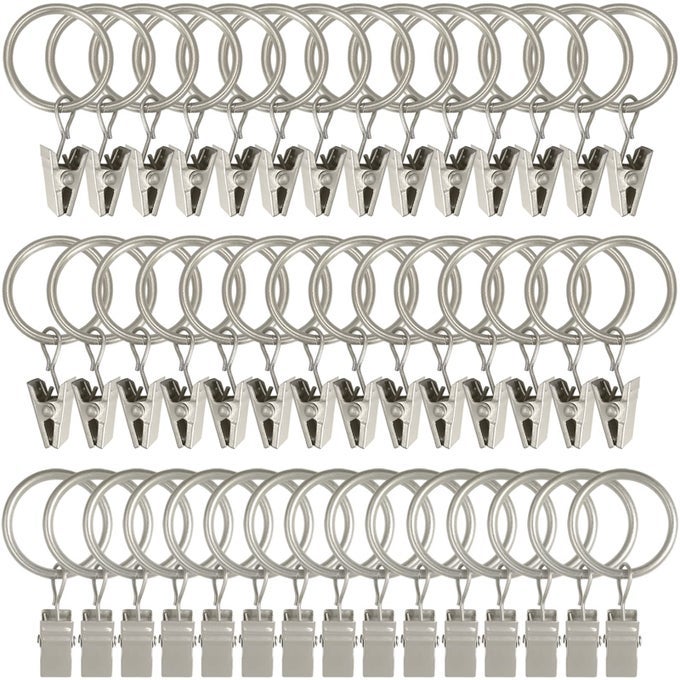 44 Pack Matte Silver Curtain Rings with Clips Curtain Hooks Hangers Clip Rings for Hanging Drapes Bows Hat Drapery Rings 1 in I D Fits up to 58 in Diameter Curtain Rod