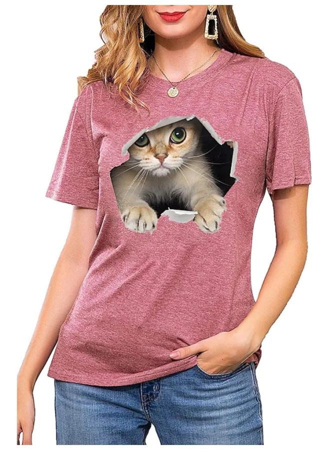 Independent Station European And American Women's New Spring And Summer Cat Pattern Pullover Loose Short-sleeved T-shirt Top