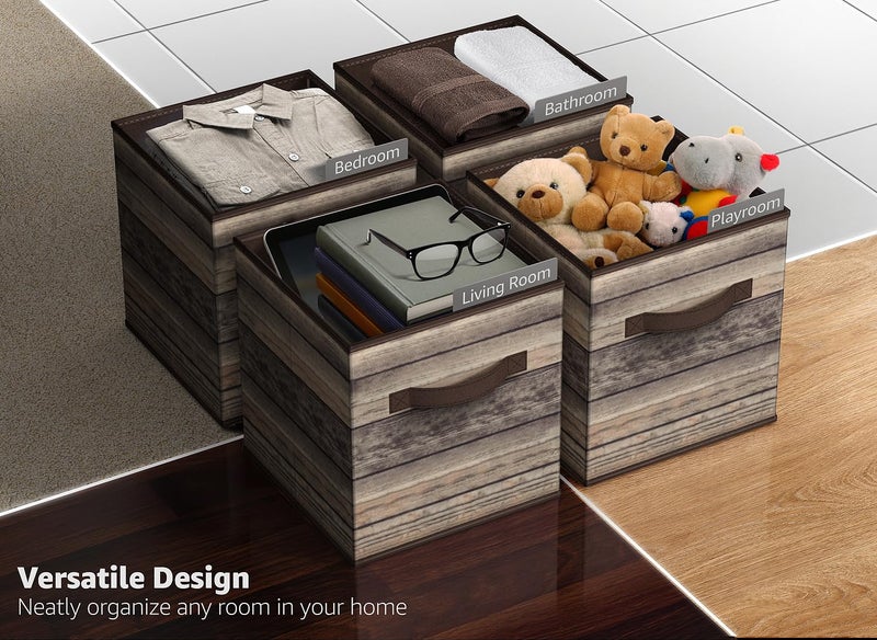 Sorbus Foldable Storage Cube Basket Bin, Rustic Wood Grain Print, 4-Pack (Rustic Bin - Brown) - Image 5