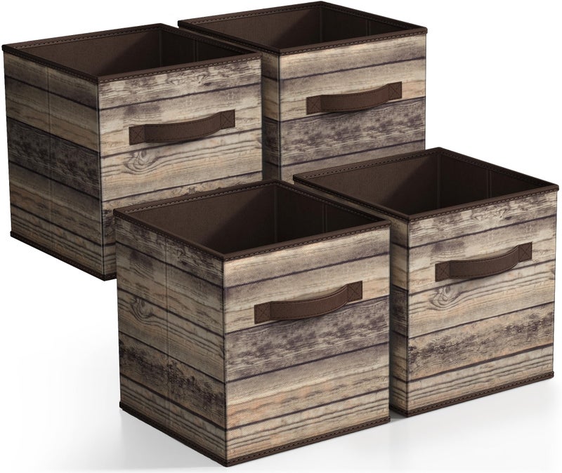 Sorbus Foldable Storage Cube Basket Bin, Rustic Wood Grain Print, 4-Pack (Rustic Bin - Brown) - Image 1