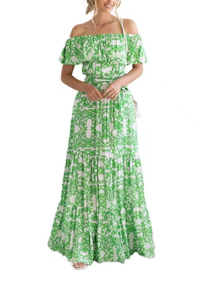 NIBEMINENT One Shoulder Printed Women's Dress Summer Patchwork Ruffled Loose Tight Waist-cinching Elegant Female Short Sleeved Dresss - Image 1