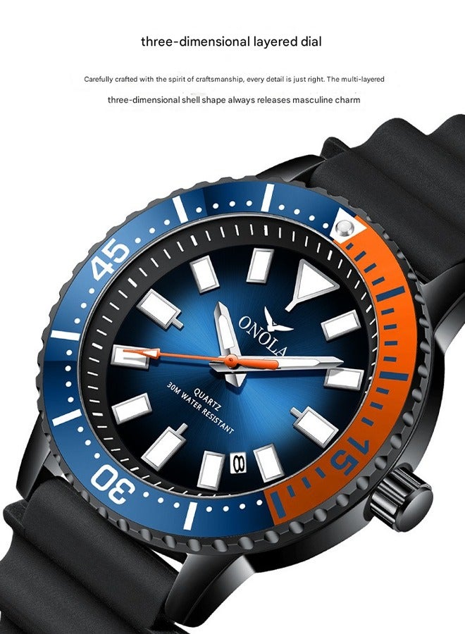 ONOLA Men's Sport Quartz Watch - Black & Orange Waterproof Silicone Strap, 30M Water Resistance, Lightweight Design for Daily Wear, Gym & Outdoor Activities - Image 3