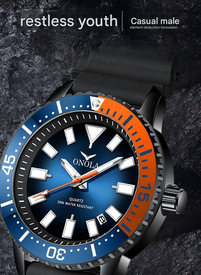 ONOLA Men's Sport Quartz Watch - Black & Orange Waterproof Silicone Strap, 30M Water Resistance, Lightweight Design for Daily Wear, Gym & Outdoor Activities - Image 2
