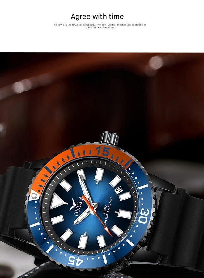 ONOLA Men's Sport Quartz Watch - Black & Orange Waterproof Silicone Strap, 30M Water Resistance, Lightweight Design for Daily Wear, Gym & Outdoor Activities - Image 4