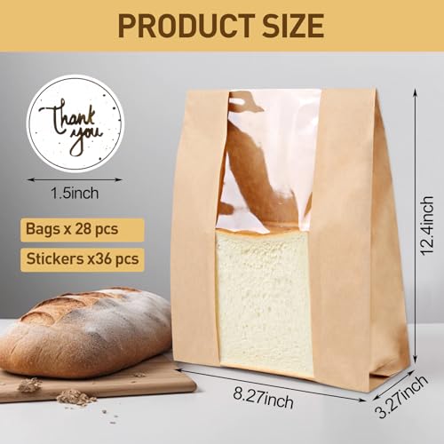 TBUKEOM Paper Bread Bags with Window 28 Large Kraft Bakery Bags 137x83x33 36 Stickers Reusable Brown Bread Bags for Sourdough Artisan Loaves Gifting Keep Bread Fresh Longer - Image 3