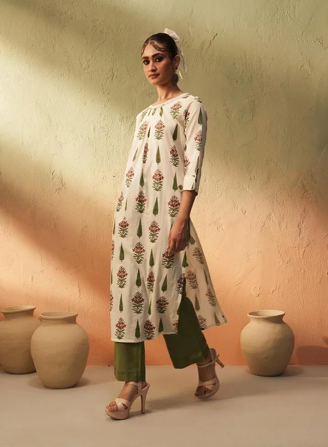 آي شين Women's Green Cotton Printed Tunic Upper Calf Length Pleat Front Bottom Straight Fit 2 Peice Kurta Set
