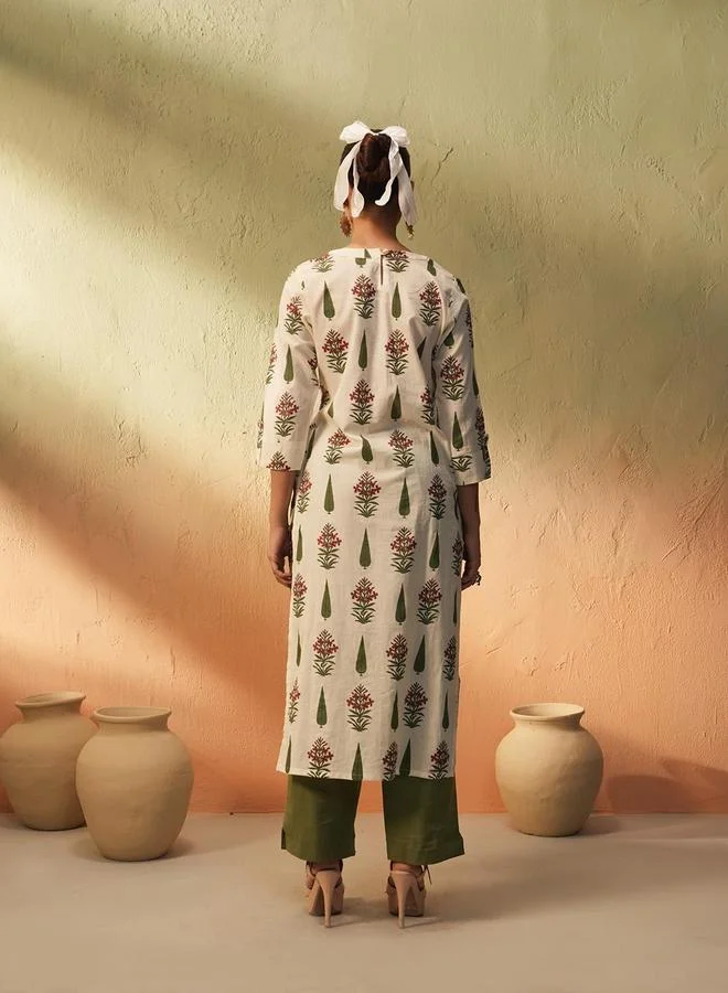آي شين Women's Green Cotton Printed Tunic Upper Calf Length Pleat Front Bottom Straight Fit 2 Peice Kurta Set