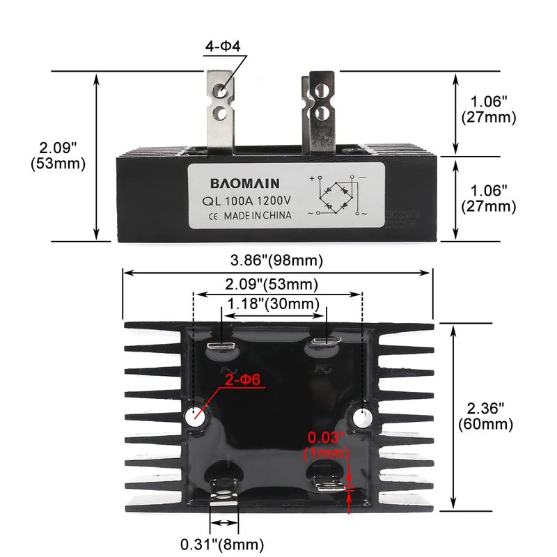 Baomain 100A Amp 1200V Volt Diode Bridge Rectifier Metal QL100A - Image 3