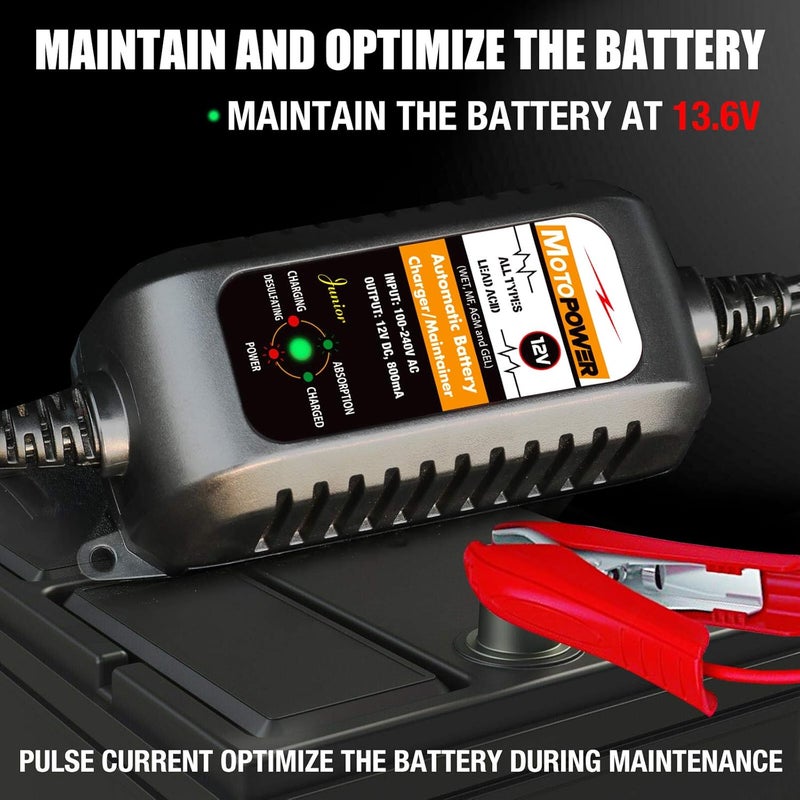 موتوباور شاحن بطارية أوتوماتيكي بالكامل من ماركة MOTOPOWER، طراز MP00205A، بجهد 12 فولت وسعة تصريف 800 مللي أمبير، مناسب للسيارات والدراجات النارية والمركبات الرياضية البرية (ATVs) والمنازل المتنقلة (RVs) والقوارب وغيرها. يتميز بالذكاء والحجم الصغير وكونه صديقًا للبيئة. - Image 5