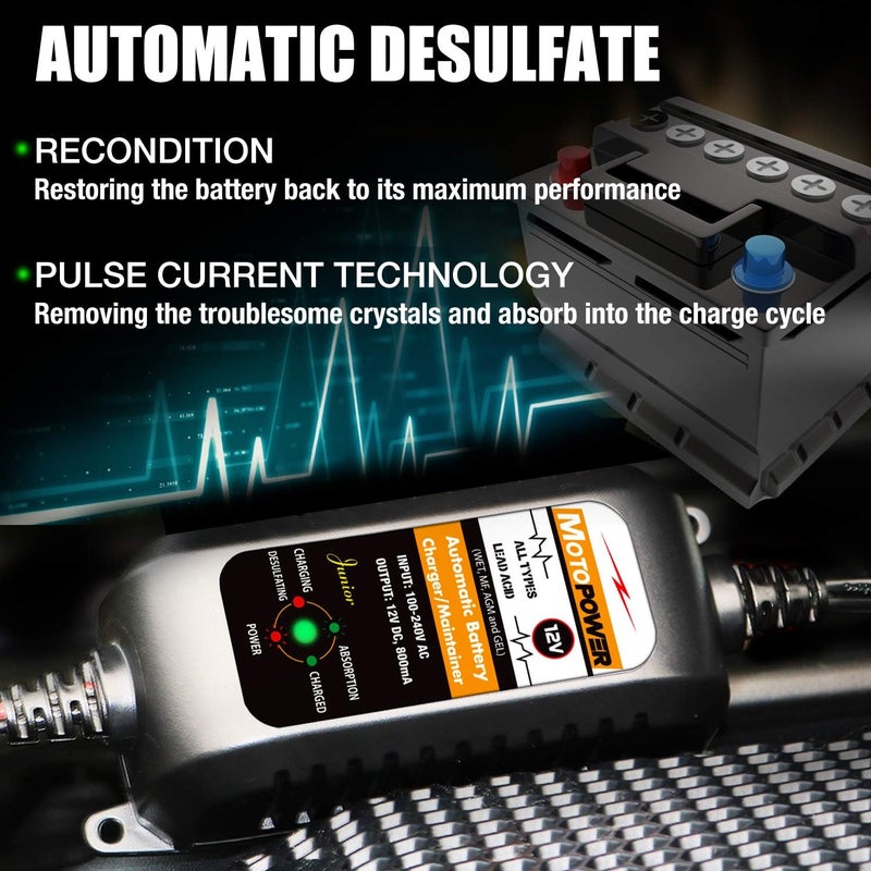 موتوباور شاحن بطارية أوتوماتيكي بالكامل من ماركة MOTOPOWER، طراز MP00205A، بجهد 12 فولت وسعة تصريف 800 مللي أمبير، مناسب للسيارات والدراجات النارية والمركبات الرياضية البرية (ATVs) والمنازل المتنقلة (RVs) والقوارب وغيرها. يتميز بالذكاء والحجم الصغير وكونه صديقًا للبيئة. - Image 3