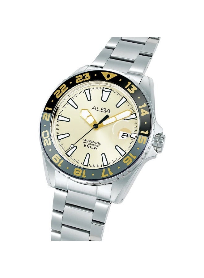 Alba Mechanical Automatic Men’s Watch AU4065X1, 43 mm Light Champagne Dial, Stainless Steel Case & Bracelet, Date, Two-Way Rotating Bezel, 100 m WR - Image 2