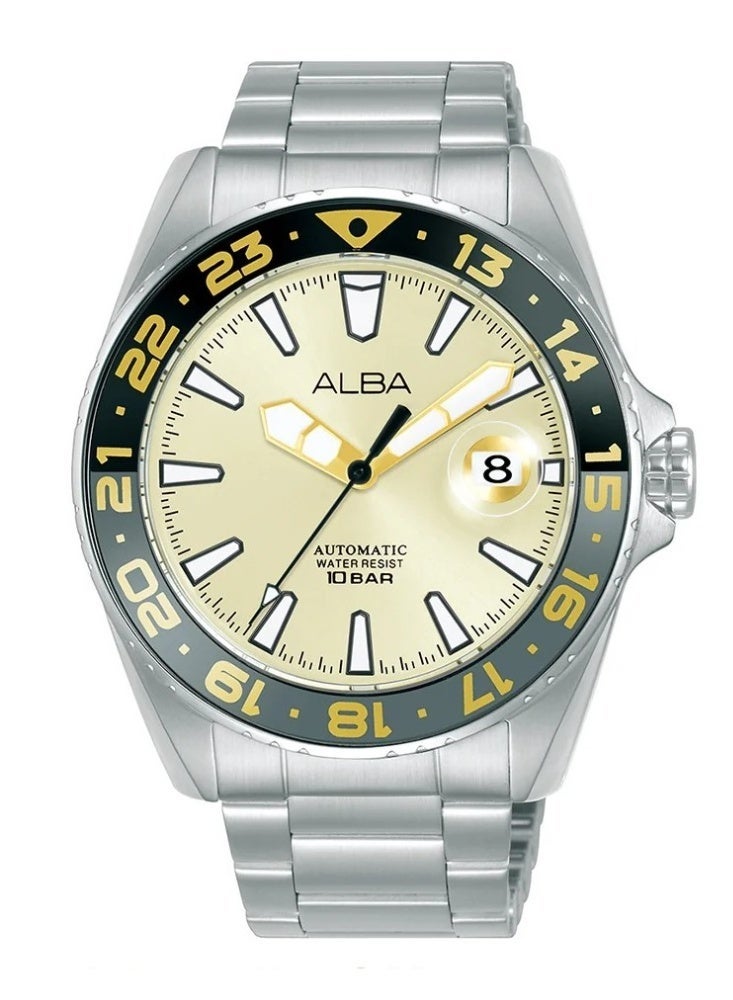 Alba Mechanical Automatic Men’s Watch AU4065X1, 43 mm Light Champagne Dial, Stainless Steel Case & Bracelet, Date, Two-Way Rotating Bezel, 100 m WR - Image 1