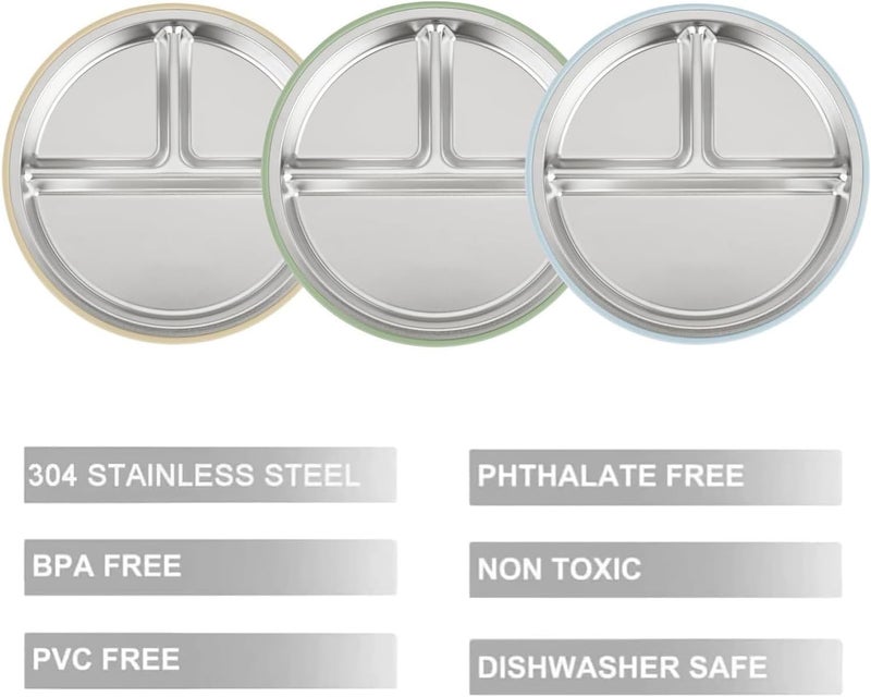 PandaEar 3 Pack Stainless Steel Baby Suction Plates, Divided Toddler Plate for Baby Led Weaning Supplies, Non-Slip Toddler Baby Feeding Set Dishwasher Safe (Blue/Green/Brown) - Image 4