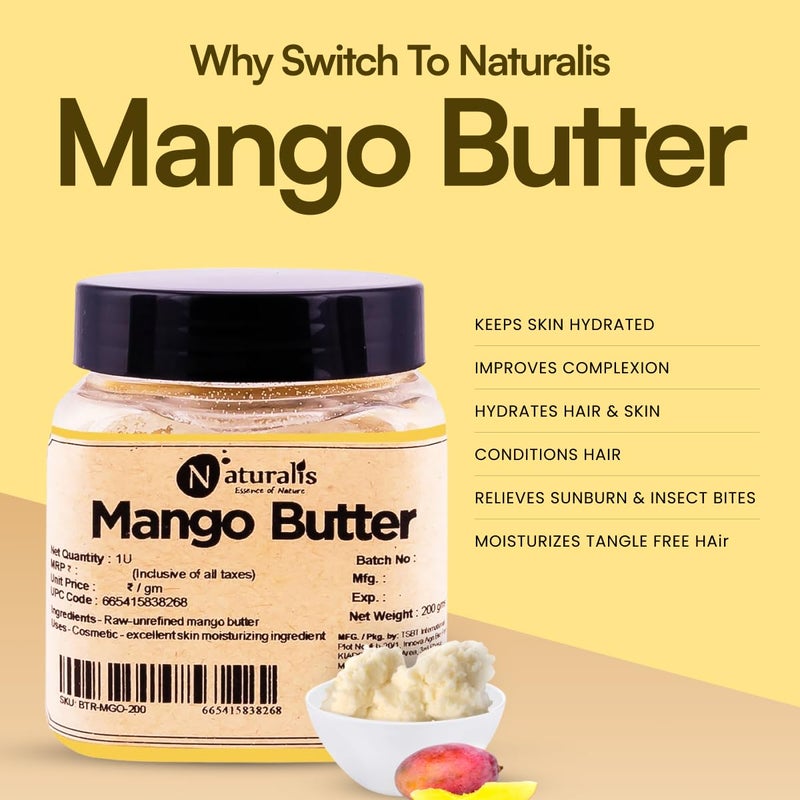 Naturalis Mango Butter 200gm 100 Raw Unprocessed and Unrefined Body Butter  Ingredient for Lip BalmLip CreamMoisturization  Nourishment of Body and Skin formulation - Image 2