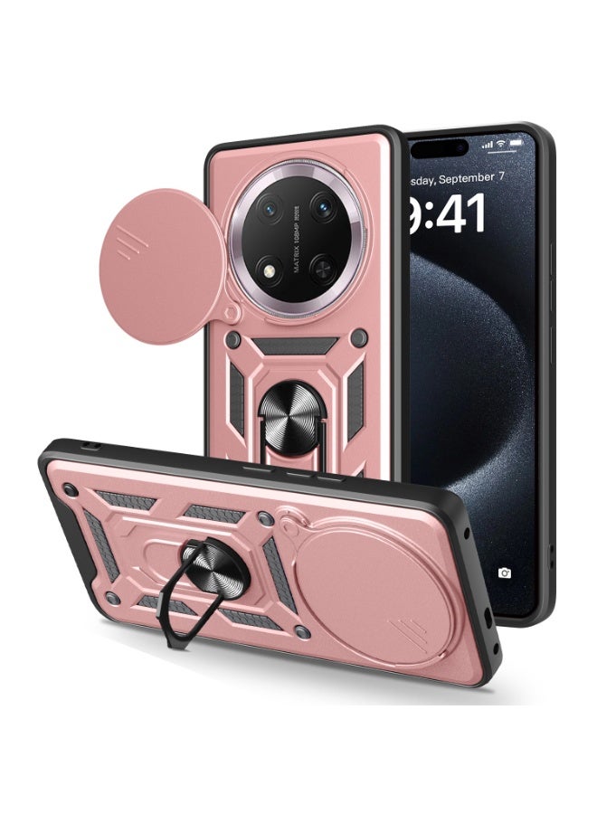 Shunjia Sliding Window Case, Shockproof Rugged Armor with Sliding Camera Cover & 360° Ring Kickstand, Compatible with Honor X9c (Rose Gold)