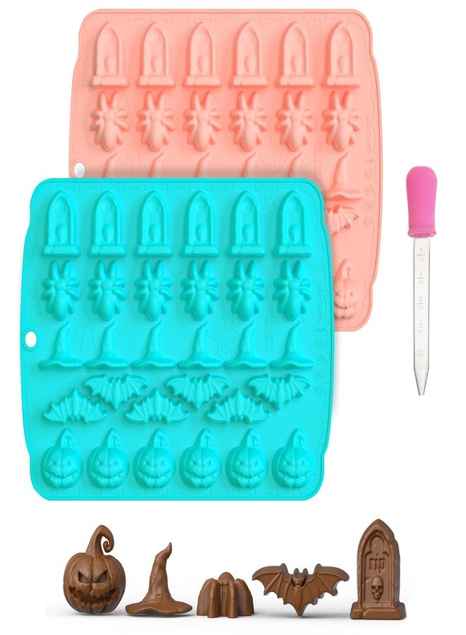 EDUEE Halloween Chocolate Molds Silicone Gummy Molds Pumpkin Spider Bat Witch Hat RIP Gravestone Candy Molds 30 Cavity Chocolate Mold for Baking Pastry Gummies Cake Decorating - Image 1