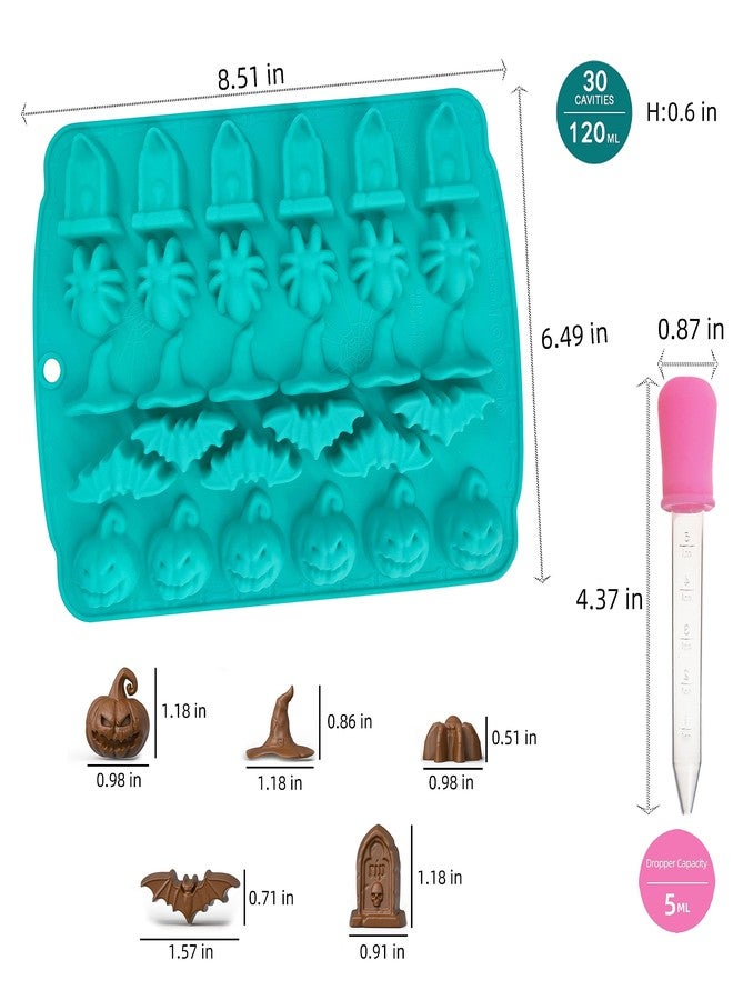 EDUEE Halloween Chocolate Molds Silicone Gummy Molds Pumpkin Spider Bat Witch Hat RIP Gravestone Candy Molds 30 Cavity Chocolate Mold for Baking Pastry Gummies Cake Decorating - Image 2