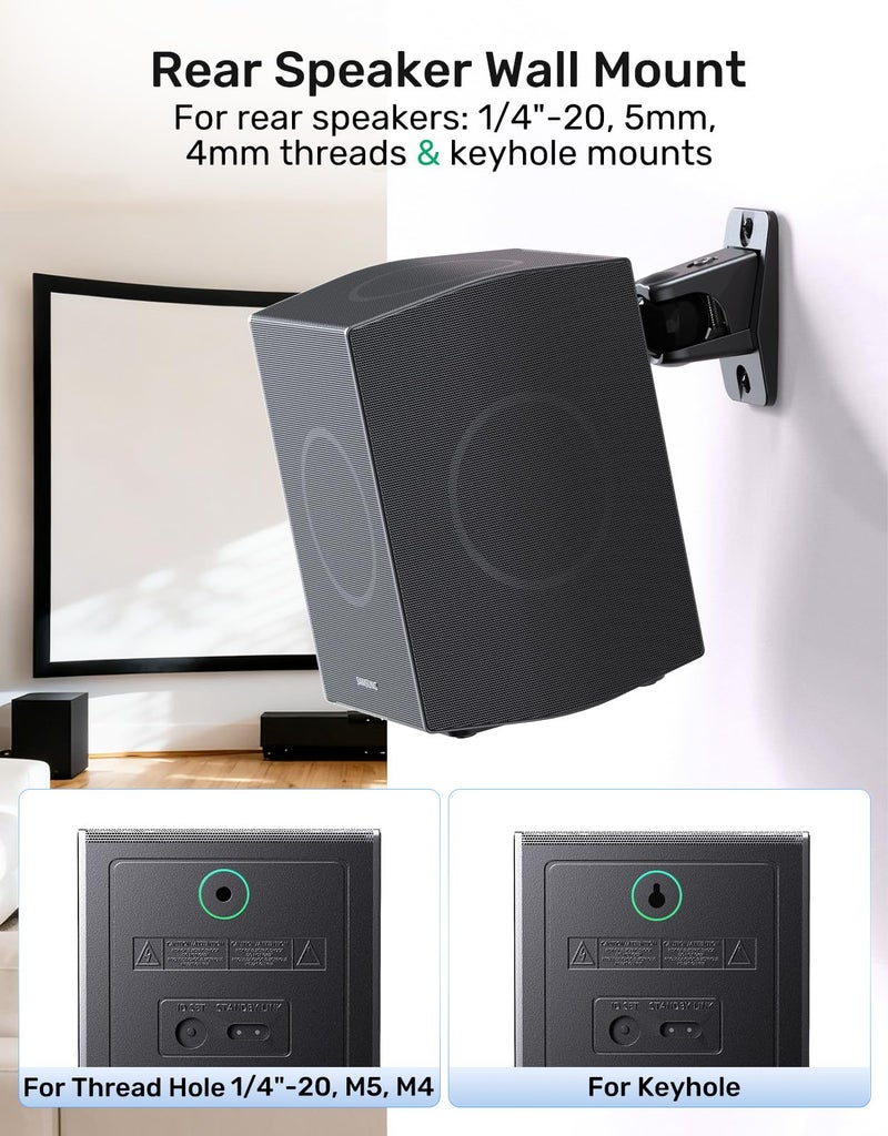 Borenbuir Surround Sound Rear Speaker Wall Mount, Ceiling Mount Bracket for Universal Satellite, fits Keyhole and Thread Hole with 1/4"- 20, 5mm & 4mm Thread, Works with Roku, Samsung q990D, Holds up to 11 lbs - Image 5