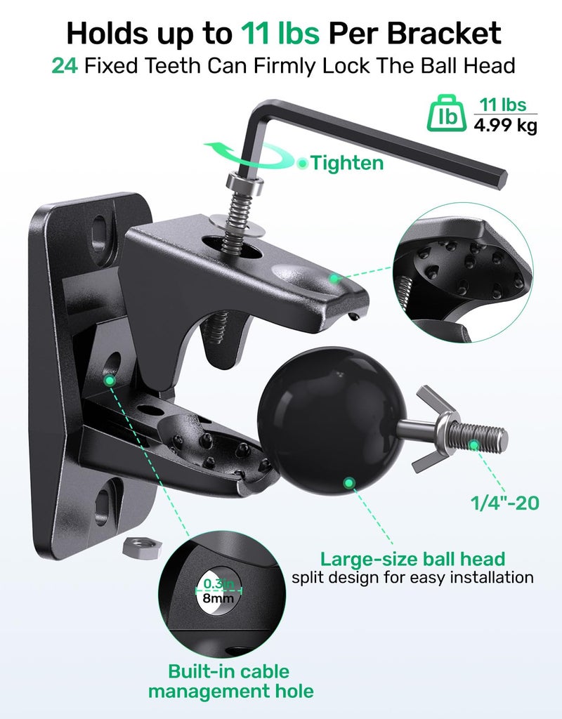 Borenbuir Surround Sound Rear Speaker Wall Mount, Ceiling Mount Bracket for Universal Satellite, fits Keyhole and Thread Hole with 1/4"- 20, 5mm & 4mm Thread, Works with Roku, Samsung q990D, Holds up to 11 lbs - Image 4