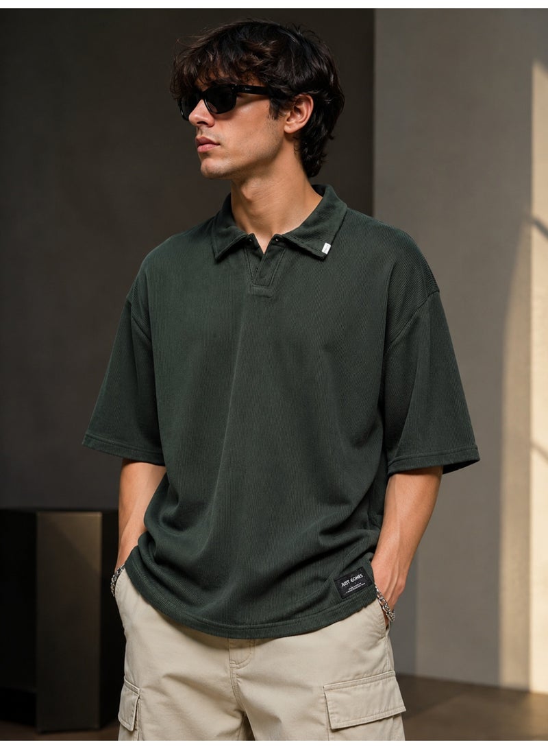 Men’s Casual Ribbed Polo T-Shirt With Classic Collar - Dark Green - Image 1