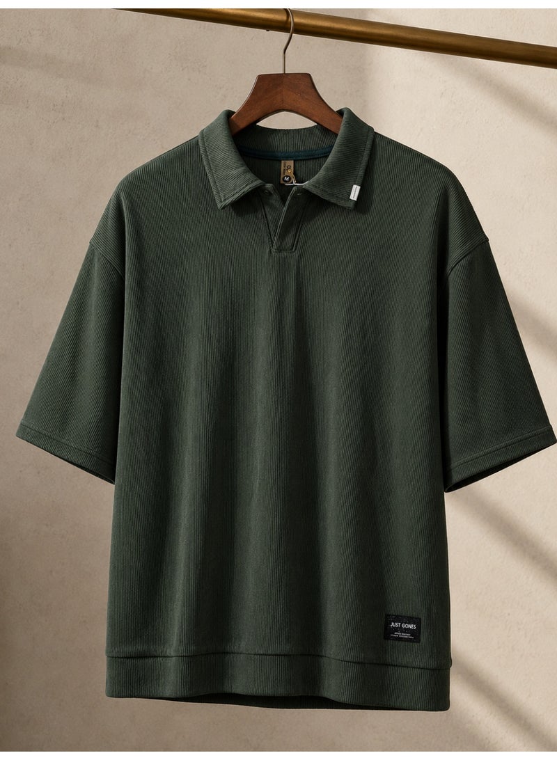 Men’s Casual Ribbed Polo T-Shirt With Classic Collar - Dark Green - Image 3