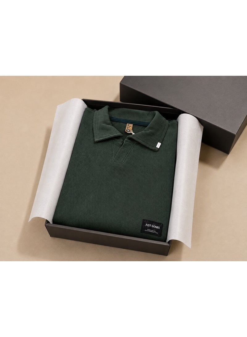 Men’s Casual Ribbed Polo T-Shirt With Classic Collar - Dark Green - Image 4