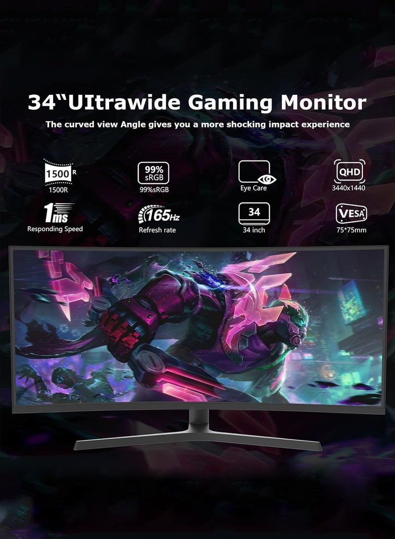 HILUKE 34 inch,3440 x 1440 Ultrawide Curved Gaming Monitor,165Hz UWQHD,1500R PC Screen,Curved Computer Screen with FreeSync, Adjustable Tilt  - Image 3
